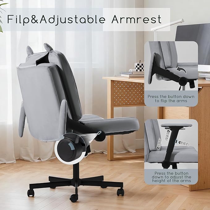 HOMREST Criss Cross Chair with Arms and Castors, Plus Size Cross Legged Office Chair with Extra Wide Seat&Flexible Back Cushion, Cute Comfy Desk Chairs for Home Office, Vanity, Gaming,Reading(Gray)