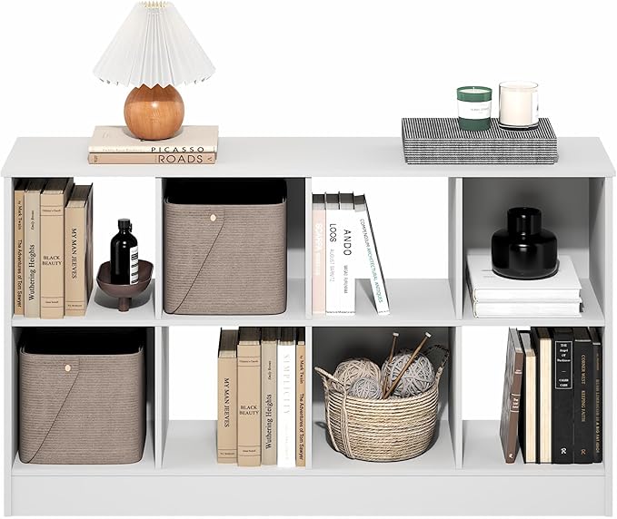 Furinno Jensen Book Shelf, 8-Cube Farmhouse Bookshelf, Display Bookcase, 11.8 x 47.6 x 26.8, for Living Room, Bedroom, Home Office, White