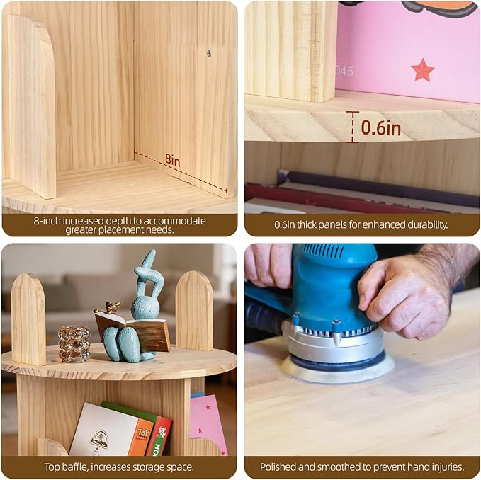 Kryonix Rotating Bookshelf for Kids, Solid Pine Wood Spinning Bookshelf Tower 3 Tier, 360° Revolving Bookcase, Multi-Functiona Corner Round Turning Book Shelf Organizer for Small Spaces