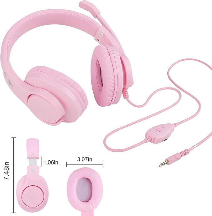 BlueFire Kids Headphones for Online School, Children, Teens, Boys, Girls, 3.5mm Stereo Over-Ear Gaming Headphone with Microphone and Volume Control for PS4, PS5, New Xbox One（Pink）
