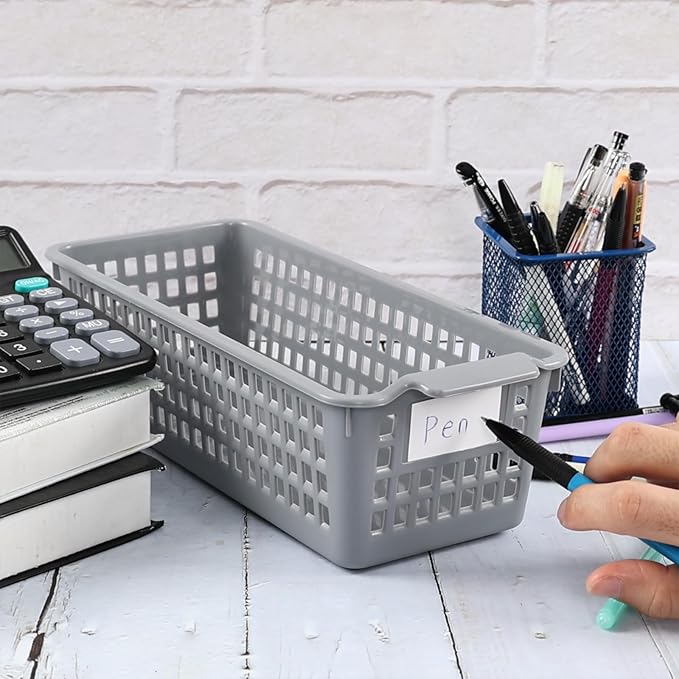 Ggbin 6 Packs Plastic Slim Storage Basket, Small Desktop Storage Basket Bins, Grey