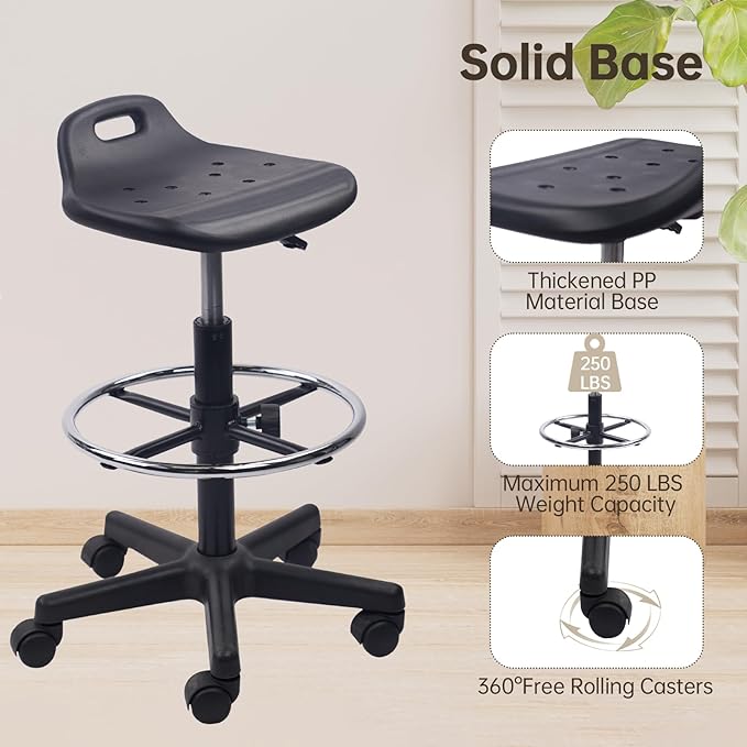 KLASIKA Adjustable Height Drafting Rolling Stool with Foot Rest Breathable Seat Cushion Swivel Chair, Multi-Purpose Work Stools for Nail Salon Office Bar Lab Counter Barber Kitchen Shop Black, 4PK