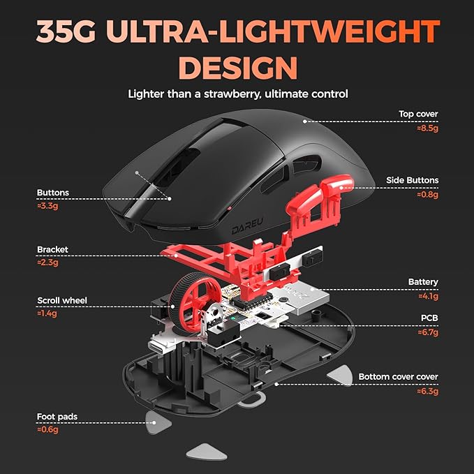 DAREU A950 Wing Ultralight Wireless Gaming Mouse 1.23oz (35g), Custom PAW3950 Optical Sensor,30K DPI, Wired/Wireless Dual 8000 Polling Rate, Symmetrical, 5 Programmable Buttons,70H Battery, Web Hub
