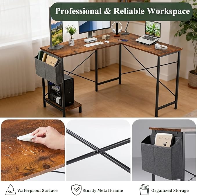 L Shaped Desk, 50 Inch Reversible Computer Desk Corner Gaming Table with CPU Stand & Storage Bag, Sturdy Metal Frame PC Workstation for Home Office, Brown Wood