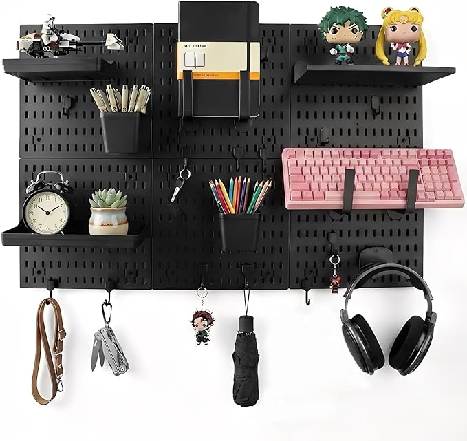 LBW Pegboard Wall Organizer, 6-Pack 11.8" × 11.8" Black ABS Peg Board Panels with 27 Accessories, Modular Plastic Pegboard Combination Kit for Home, Office, Garage, Tool Storage & Craft Room