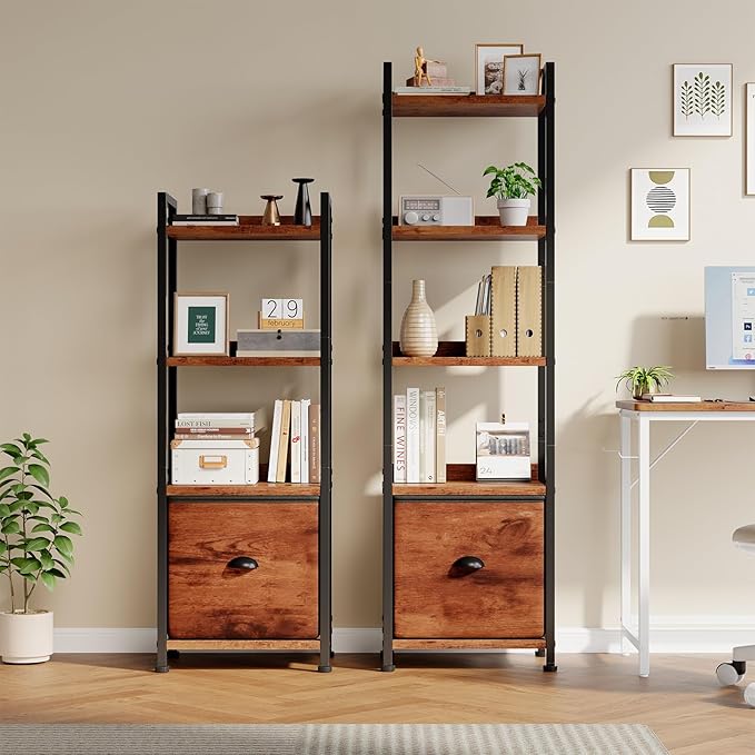 Sweetcrispy 4-Tier Bookshelf with Fabric Drawer, Wood-Metal Standing Display Shelf, Multi-Functional Organizer for Books, CDs and Movies, Suitable for Bedroom, Living Room, Brown