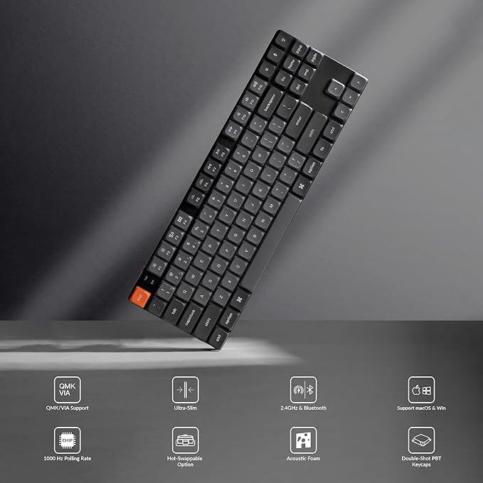 Keychron K1 Max Ultra-Slim QMK/VIA Bluetooth Wireless/USB Wired Custom Mechanical Keyboard, 2.4 GHz Hot Swappable TKL Layout RGB Backlight Ergonomic Keyboard with Low-Profile Gateron Brown Switch