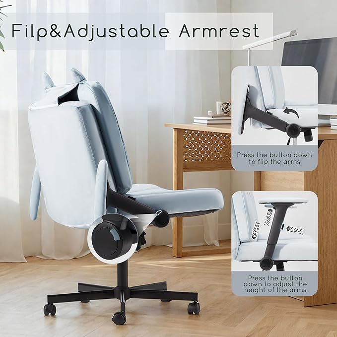 HOMREST Criss Cross Chair with Arms and Castors, Plus Size Cross Legged Office Chair with Extra Wide Seat&Flexible Back Cushion, Cute Comfy Desk Chairs for Home Office, Vanity, Gaming,Reading(Blue)