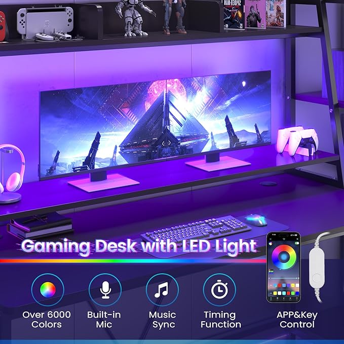 SEDETA Gaming Desk 78.8'' with LED Lights, Hutch and Storage Shelves, Computer Desk with Monitor Stand, Large PC Gamer Desk Workstation, Ergonomic Gaming Table for Bedroom, Living Room, Black