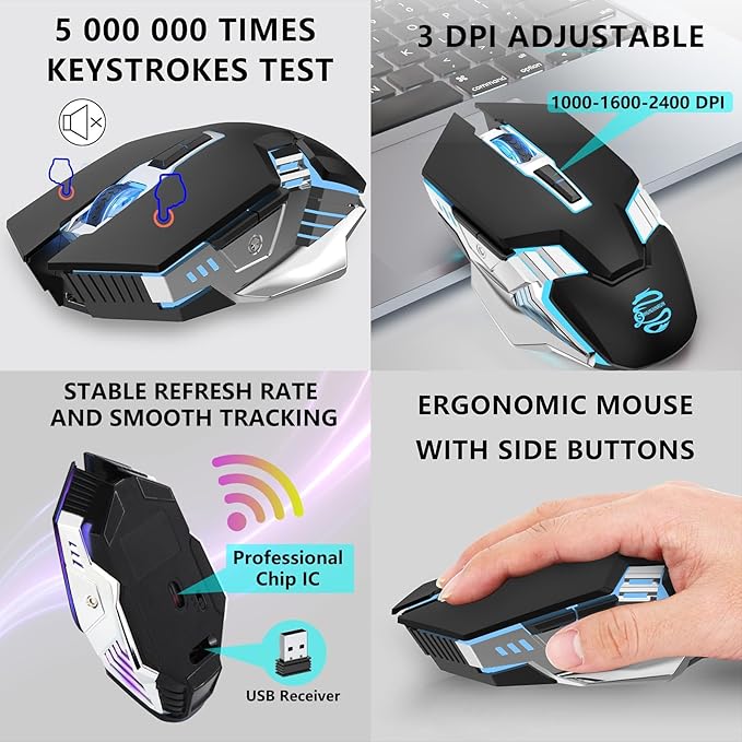 Bluetooth Mouse Wireless, Rechargeable,7 Buttons, Silent Click, Ergonomic, 7-Color Backlit, Multi-Device(2.4G/BT5.0/BT3.0), LED Light up Mice for Laptop, Computer, Mac, PC, Chromebook - Black