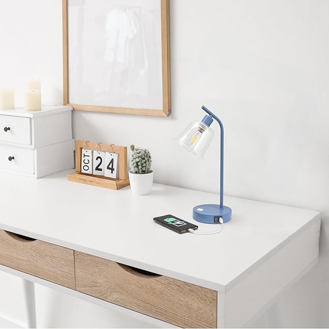 Simple Designs LD1074-BLU 15.75" Sleek Essentials Modern Industrial Metal Desk Lamp with Clear Glass Shade and Dual USB Ports, for Office, Desk, Nightstand, Dorm, Blue