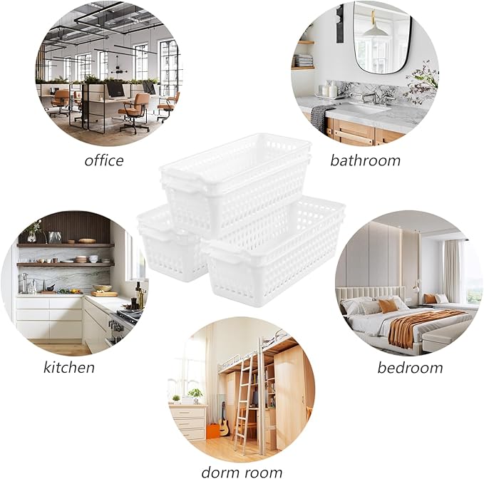 6 Pack Slim Plastic Storage Basket, Small Desktop Organizing Basket, White