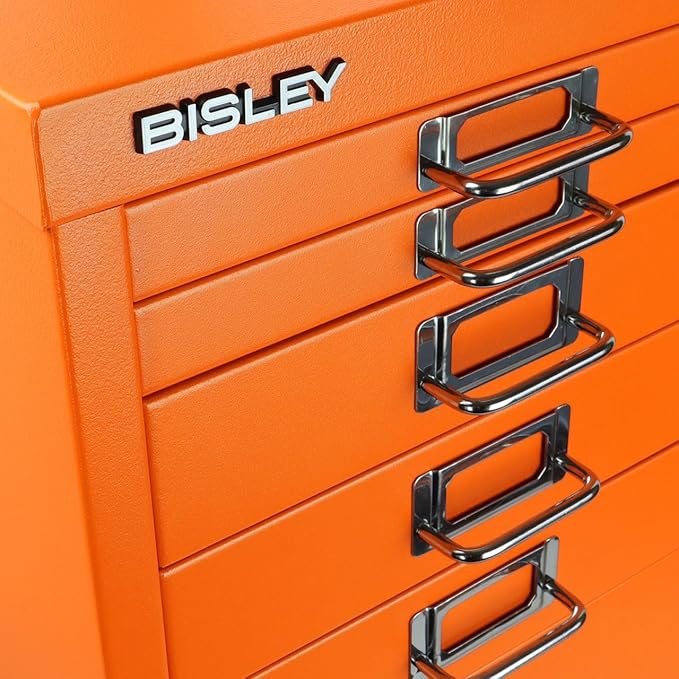 8-Drawer Steel MultiDrawer Cabinet - Bisley Orange, Chrome Pull Handles with Label Holders, Powder-Coated Steel, Removable Drawers, Fits Under Most Desks, Labels Included by Bisley