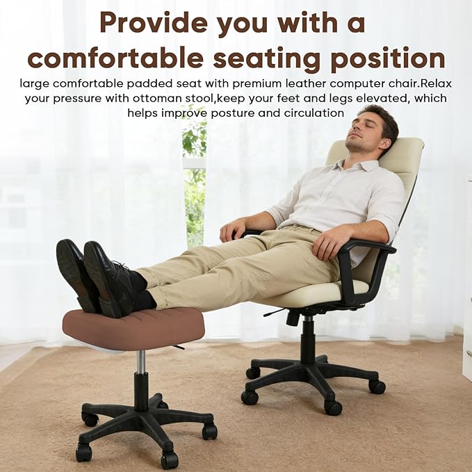 Height Adjustable Foot Stool,Large Seat Under Desk Footrest,Swivel Rolling Chair Sturdy Wheels,Ottoman Stool Simple Meeting Chair for Home Office,Brown