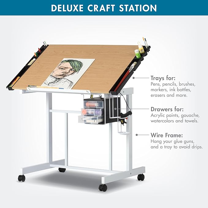 Studio Designs Deluxe Craft Station, Top Adjustable Drafting Table Craft Table Drawing Desk Hobby Table Writing Desk Studio Desk with Drawers, 36''W x 24''D, White / Maple