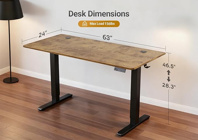 YDN Electric Standing Desk Adjustable Height, 63 x 24 Inches Stand up Desk with Cable Management, Home Office Desks with Splice Board & Black Frame, Rustic Brown Top