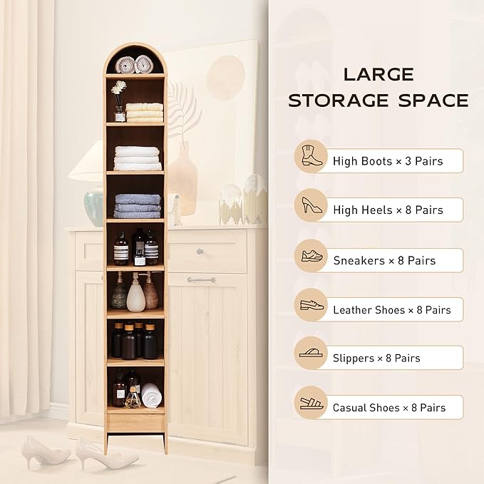 IFGET 67" Tall Arched Bookshelf, 8 Tiers Arch Bookcase with Storage, Modern Farmhouse Book Shelf with Adjustable Shelves, Wood Bookshelf w/Open Display Shelves for Living Room, Office (Natural)