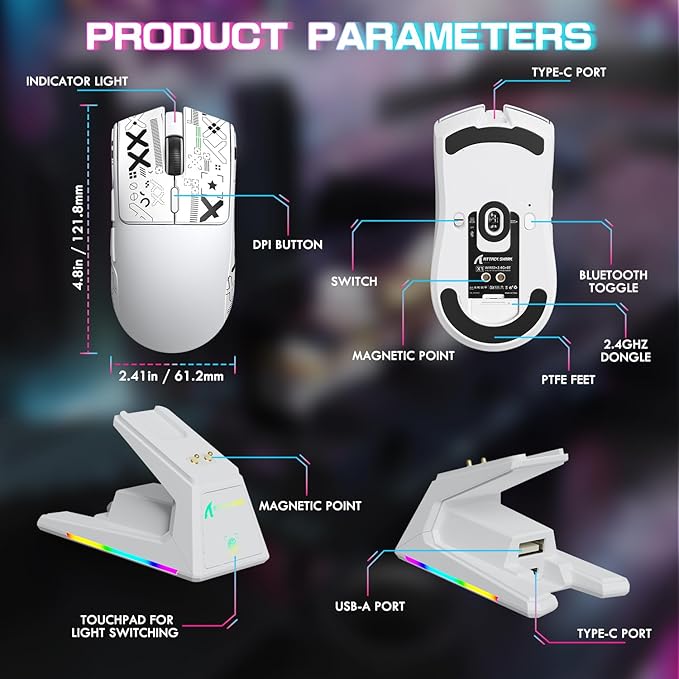 ATTACK SHARK X1 Ultralight Wireless Gaming Mouse with Magnetic RGB Charging Dock,Anti Slip Grip Tape,PixArt PAW3395 Pro Sensor,40000DPI,BT/2.4Ghz/Wired,Optical Computer Mouse for PC Mac Gamer(White)