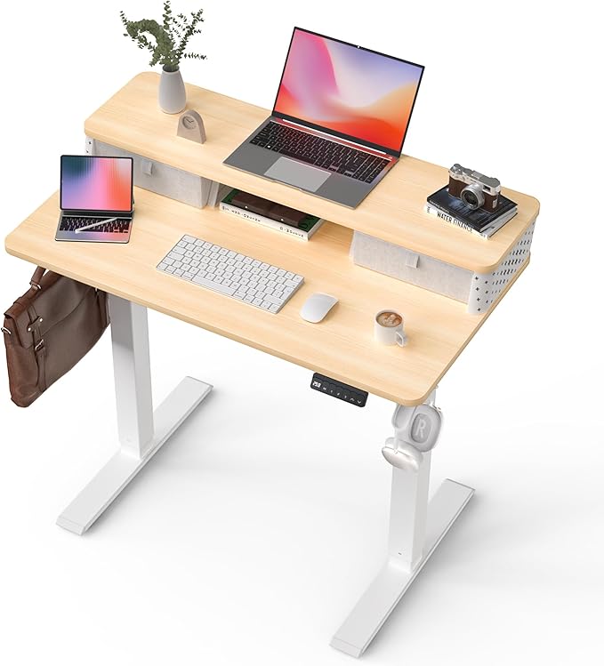 FiCiHi 35x20 Inch Standing Desk with Drawers, C-Clamp Mount Compatible, Electric Adjustable Height Computer Small Stand Up Desks, Home Office Sit Stand Table with 3 Preset Heights, Maple