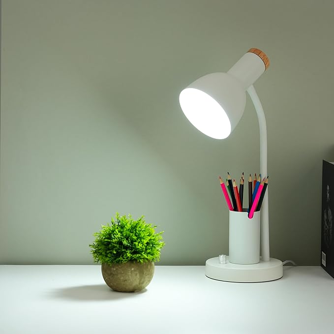 Desk Lamp with Pen Holder, Green, Wood Accent, Adjustable Gooseneck, Modern Study Light (Green)
