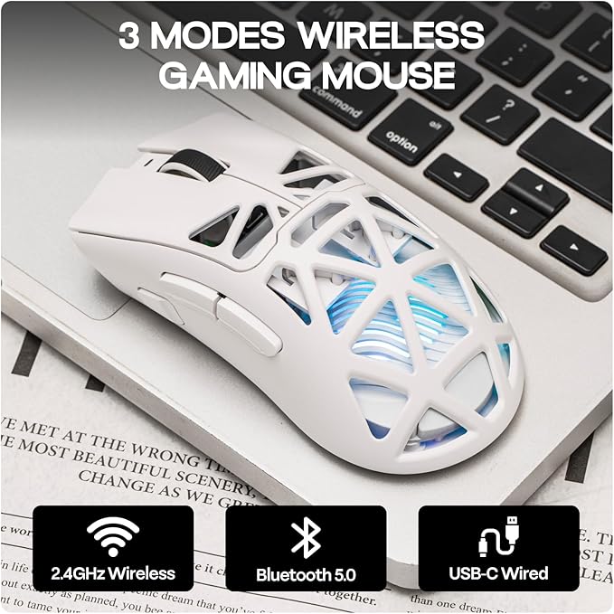 MechLands Aula SC620 Gaming Mouse, 2.4G/USB-C/BT Wireless Mouse with 400mAh Battery, Adjustable 12,000 DPI & 1000 Polling Rate, PAW3311 Sensor, RGB Lighting, Programmable Buttons, for Win/Mac (White)