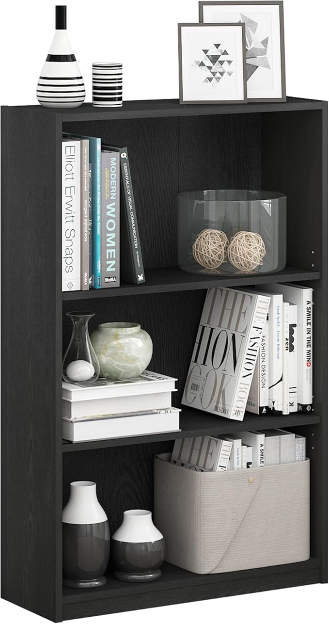 Furinno Jaya Book Shelf, 3-Tier Bookshelf, Standing Bookcase with Adjustable Shelves, 9.5 x 24.5 x 40.3, for Organization and Storage, for Living Room, Bedroom, Home Office, Darkwood