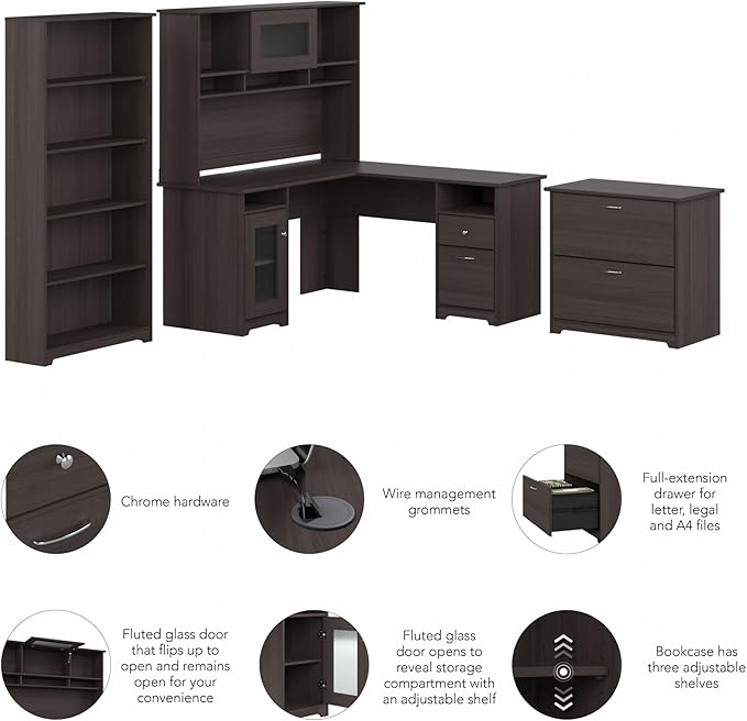 Bush Furniture L Shaped Desk with Hutch, 5 Shelf Bookcase and Lateral File Cabinet | Cabot Collection Corner Computer Table with Storage and Bookshelf