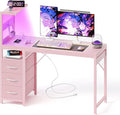 YOUDENOVA 48 Inch Gaming Computer Desk with Led Lights, Small Desk with Storage Shelves and Drawers, Reversible Compact Gamer Table for Home Office, Carbon Fiber Pink