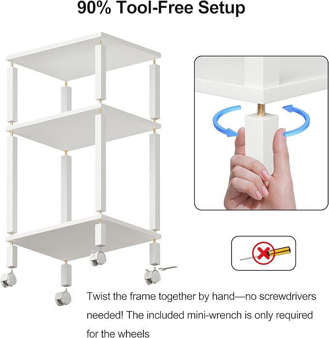 3-Tier Printer Stand with Storage, Mobile Printer Cart with Rolling Casters and Adjustable Feet, Under Desk Storage Shelf for Home Office, White, 15.7" x 11.8" x 25.9"