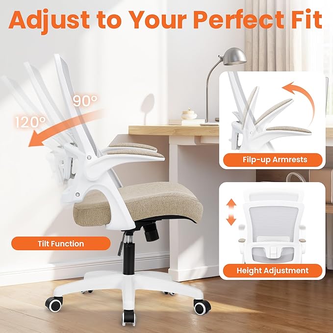NEO Chair Office Desk Gaming Chair Computer High Back Mesh Seat with Rolling Wheels Ergonomic Adjustable Comfy Flip-up Armrests Lumbar Support Height for Home (Beige)