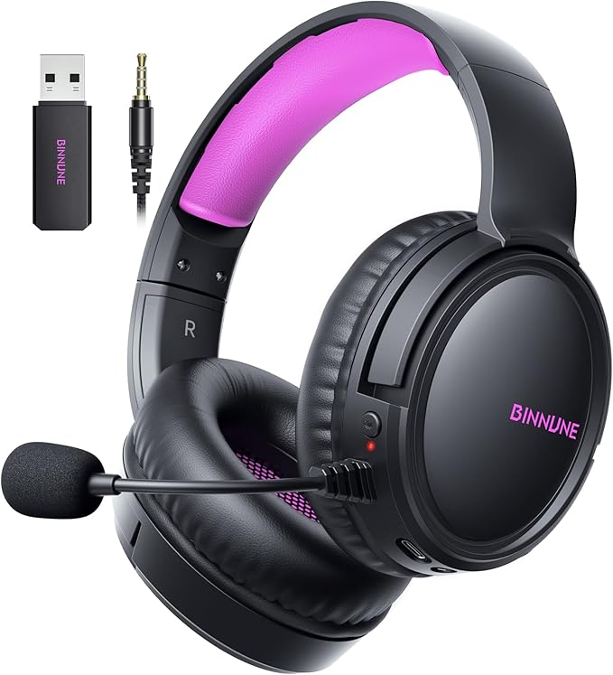 BINNUNE Wireless Gaming Headset — 2.4GHz Low-Latency USB Dongle + Bluetooth, 50mm Drivers 7.1 Surround, Noise-Cancelling Mic, 40H Battery — Over Ear Wireless Headphones for PS5, PC, Laptop, Purple