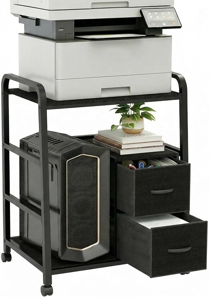 Printer Stand Featuring Fabric Drawers, Under Desk Host Computer Cabinet and Shredder Shelf, Heavy Duty Printer Stand with Storage Workstation Organization Printer Table for Home Office