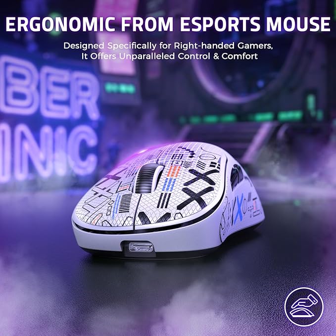ZIYOU LANG × HXSJ T700 Wireless Gaming Mouse,Adjustable 10K DPI 1K Optical Sensor,2.4G/BT/USB-C 6 Programmed Buttons,56g Lightweight Right-Handed Ergonomic Computer Mice for PC/Mac-White&Griptape