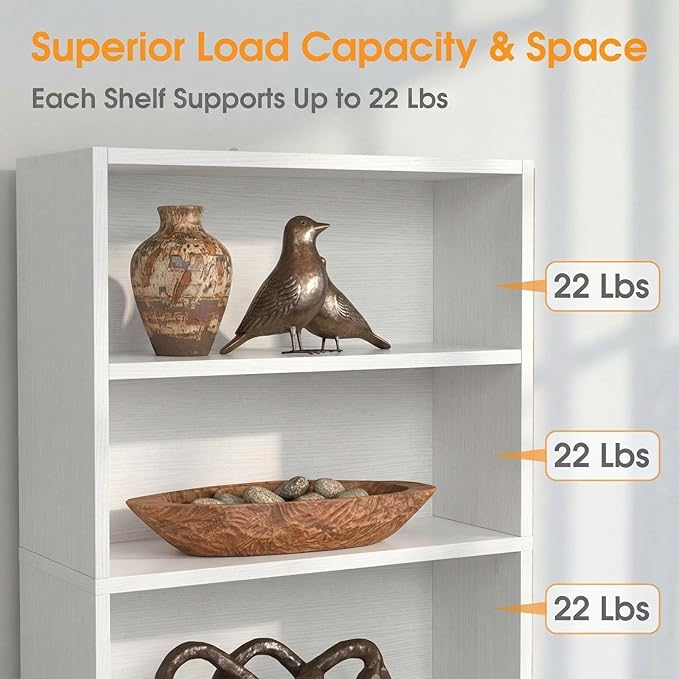 Sweetcrispy Industrial 6 Shelf Bookcase - Large 63 Inch Tall Floor Standing Open Bookshelf for Home Office, Living Room, and Bedroom Storage, Classic White