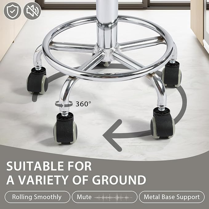 Adjustable Rolling Stool with Wheels Heavy Duty 500lb Round RollingStool with Footrest, Patent Leather Drafting Stool Chair with Wheels Work Spa Salon Seat,White