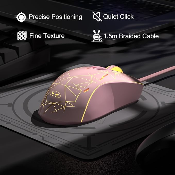 MageGee G6 Wired Gaming Mouse, Ergonomic USB Optical Mouse with 7 Colors Breathing LED Backlit, 6 Adjustable Speed Levels from 600 to 3200 for Laptop PC Computer Games & Work, Pink
