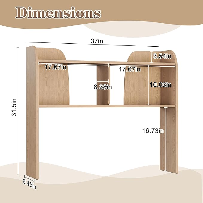 Wooden Desktop Bookshelf,37”3-Tier Rounded-Edge Desk Storage Organizer,Space-Saving Countertop Shelf for Office Dorm Home，Burlywood