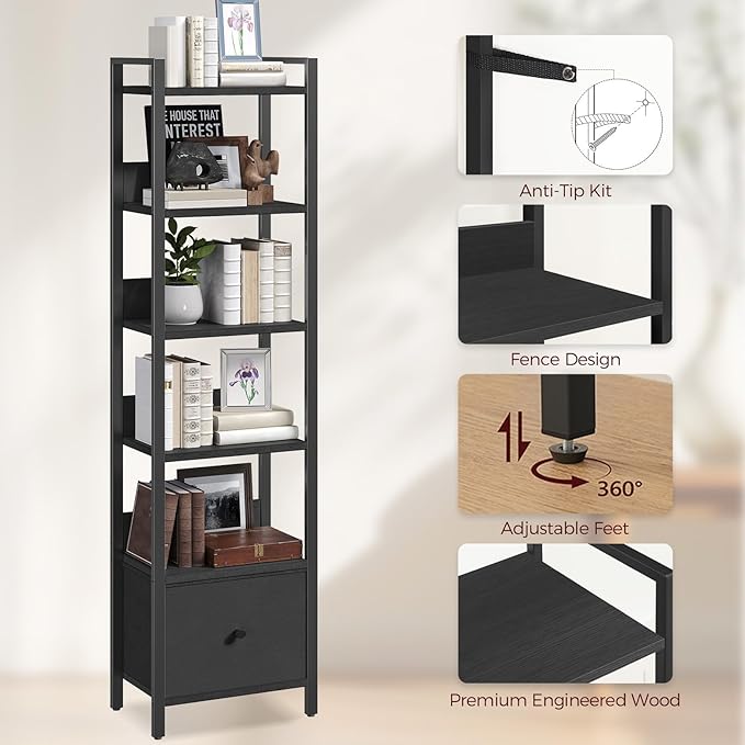 MAHANCRIS Bookshelf, 6-Tier Bookcase with Drawer, Small Book Shelf for Small Space, Storage Shelf Organizer, for Living Room, Bedroom, Study, Kitchen, Black BKHB66101
