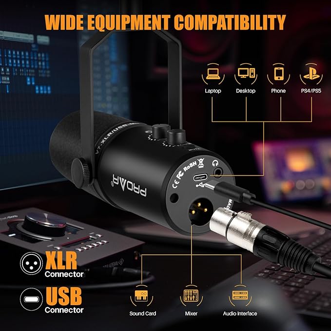 XLR/USB Dynamic Microphone,PC Computer Microphone for Podcasting,Vocal Recording,Live Streaming,Gaming,Voice-Over,All Metal Professional Studio Mic Kit with Noise Cancelling,USB-C Port