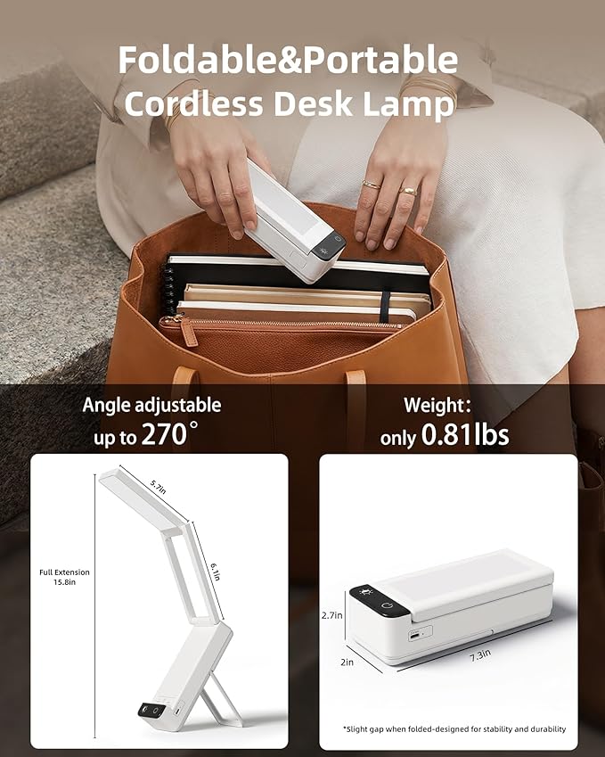 EZVALO Rechargeable Desk Lamp, 6000mAh Battery Wireless Light, Cordless Table Lamp for Book Reading, Foldable Mini Lamps & Portable, 3-Color Dimmable Small Light for Bed, Nail Lamp, Craft, White