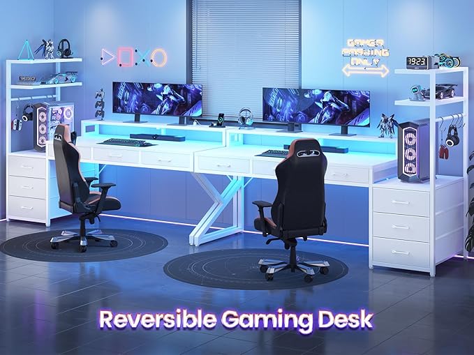 SEDETA 55" Gaming Desk with 6 Drawers, Corner Gaming Desk with Storage & LED Lights, Reversible PC Desk with Power Outlet, Corner Computer Desk with Hutch, Monitor Stand, Side Hook (White)