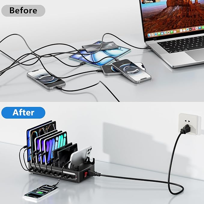 200W Charging Station for Multiple Devices, USB C Fast Charger Station, 10 Ports Desktop Multi-Port Fast Charger with Storage Dividers, Compatible with Cellphone, Kindle, Tablet, iPhone, iPad and More