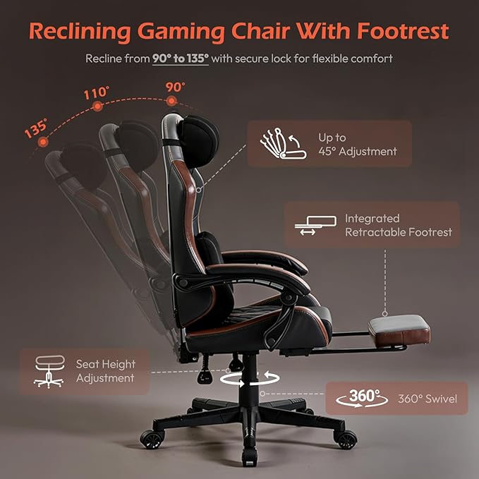 Ergonomic Gaming Chair for Adults with Footrest - PU Leather Computer Gamer Chair with Memory Foam Headrest & Lumbar Pillow, Reclining Silla Gamer Video Game Chair for Home Office, Black & Grey