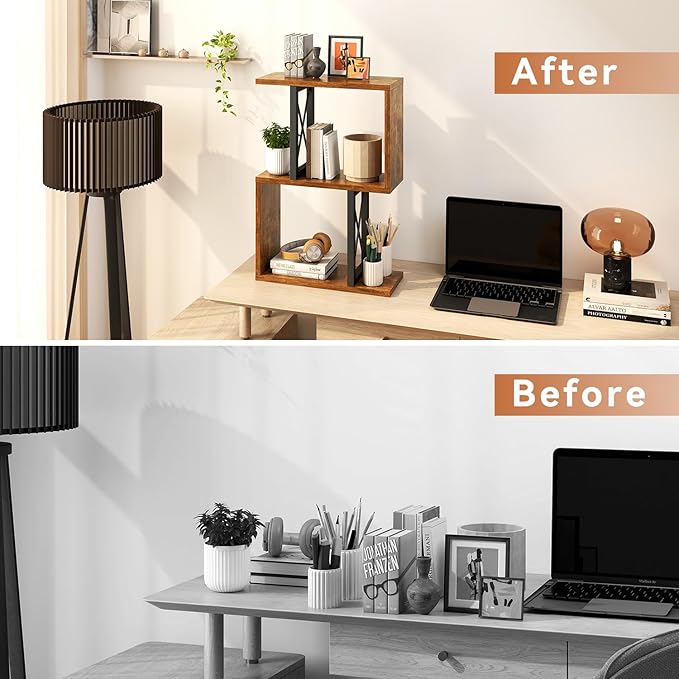 IBUYKE Desktop Bookshelf, 3-Tier Table Bookcase Shelves Storage Organizer Hutch for Office/Dorm, Solid Ability Desk Shelve UTMZ011H