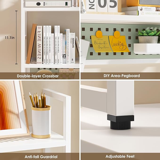 Brakki Desk Shelf, 35.43" Desk Hutch Bookshelf, Desktop Shelf with Pegboard for Computer Monitor, Metal Desktop Hutch Storage Organizer for Dorm Home Office, 2 Tier Bookcase, White
