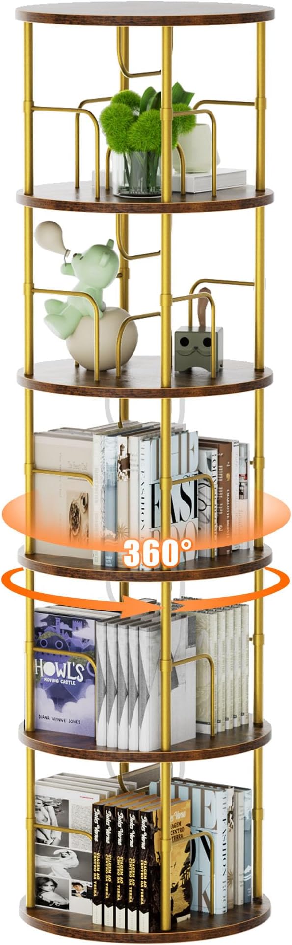 Flycity 5 Tier Rotating Bookshelf, 360° Corner Bookshelf Tower, Round Revolving Bookcase with Special Visible Partition Storage, Narrow Book Shelf Organizer for Living Room, Small Space, Gold