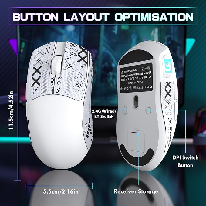 ATTACK SHARK × MAMBASNAKE M4 Wireless Gaming Mouse, 24000 Adjustable DPI PAW3311 Optical Sensor, Programmed Buttons, 52g Lightweight Ergonomic Computer Mice 2.4G/BT/USB-C for PC/Mac-White&Griptape