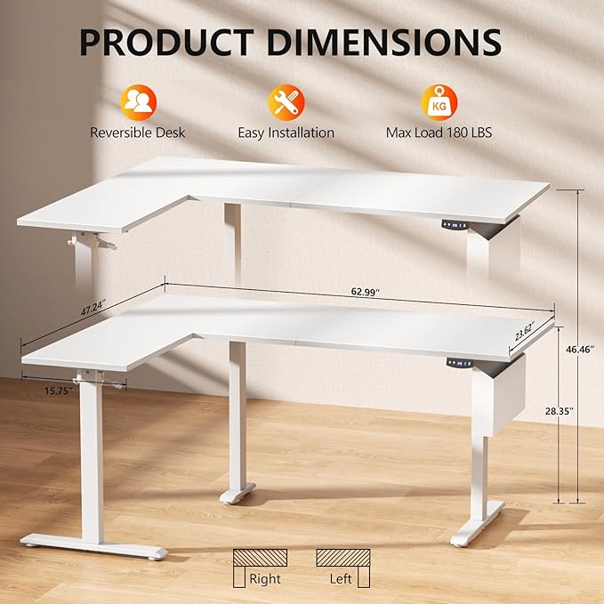 Korfile L Shaped Electric Standing Desk,63 Inch Adjustable Height Sit to Stand Corner Desk with Memory Presets, Reversible Computer Table for Home Office, Work and Study, White