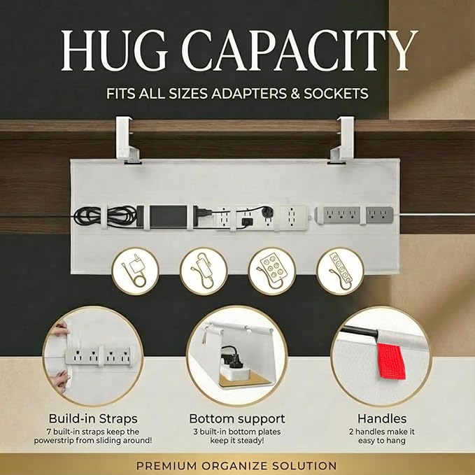 Under Desk Cable Management No Drill – 48" L x 6" W Cord Organizer, Upgraded Silicone Pads (No Scratch!), 16 Cable Slots, Washable PE Honeycomb Base, Fits Desks 0–2.1" Thick, Beige
