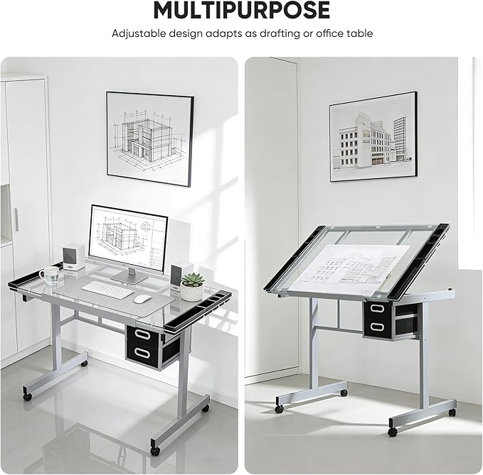 Magshion Professional Drafting Table for Adults Teens, Tilting Glass Tabletop Art Craft Desk Diamond Watercolor Paintings Sketching Work Station for Home Office Reading, Writing, Crafting (Clear)